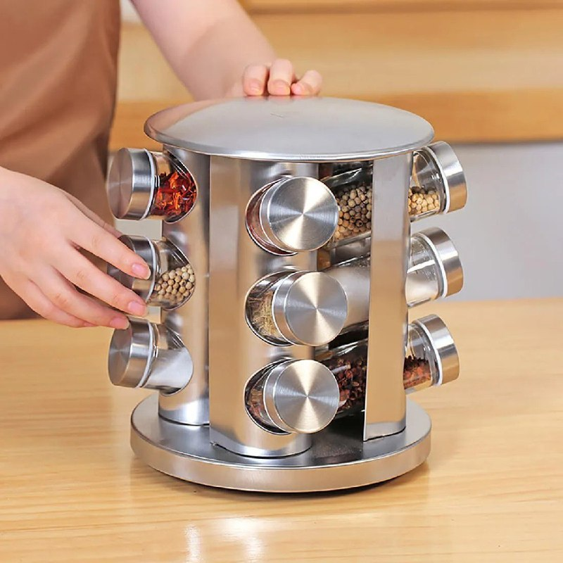 Porta-tempero giratório inox Futuro Casa com 12 potes vidro de 80ml