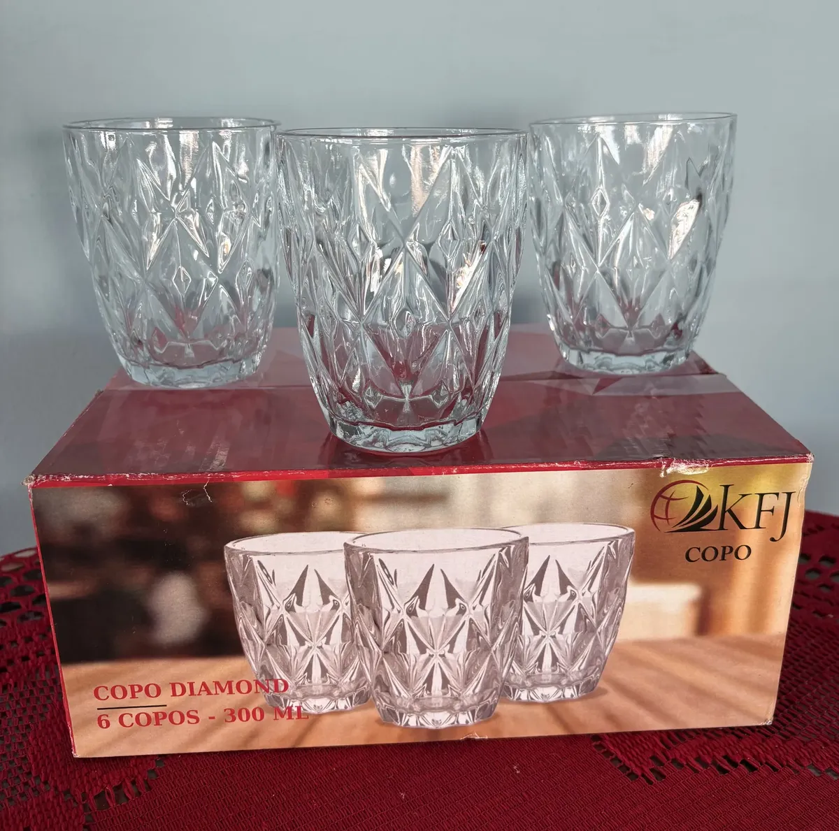 Jogo 6 Copos Diamond Egipcio 300ml Vidro Grosso Diamante Luxo Transparente Vitrex