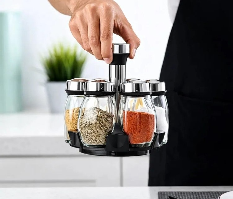 Yab - Porta Tempero De Mesa Saleiro Giratório 6 Potes P/ Condimentos Em Vidro E Aço Inox Cozinha Premium