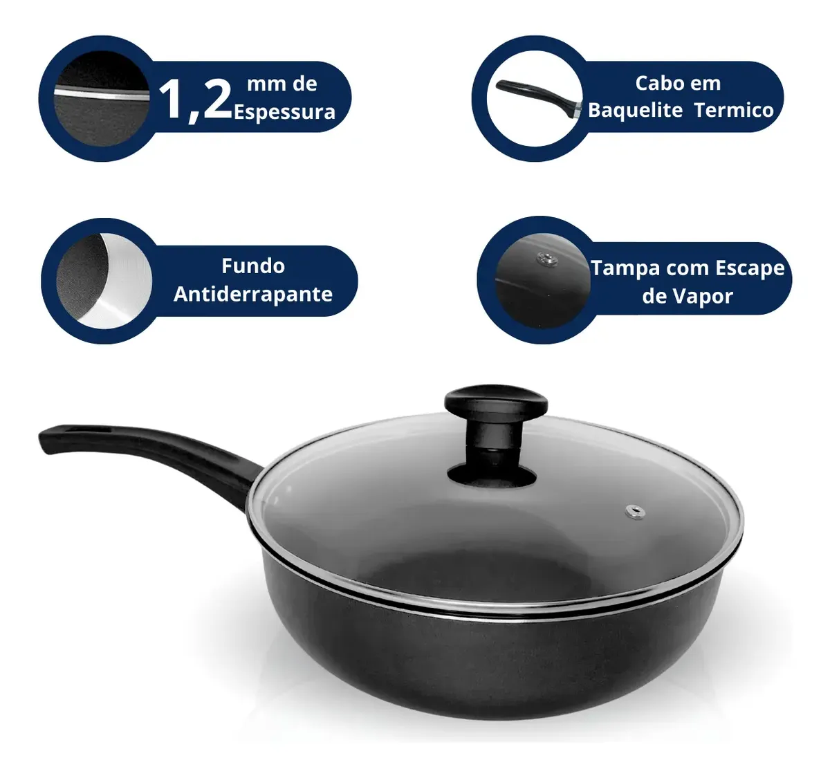Frigideira Grande Funda Alta Antiaderente 26 Cm Tampa Vidro