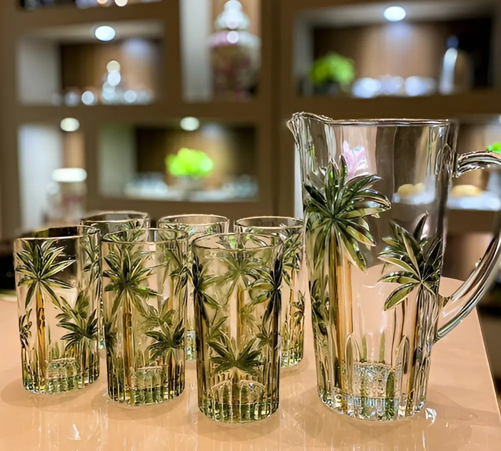 Conjunto Jarra Com 6 Copos Cristal Palm Tree Handpaint Wolff