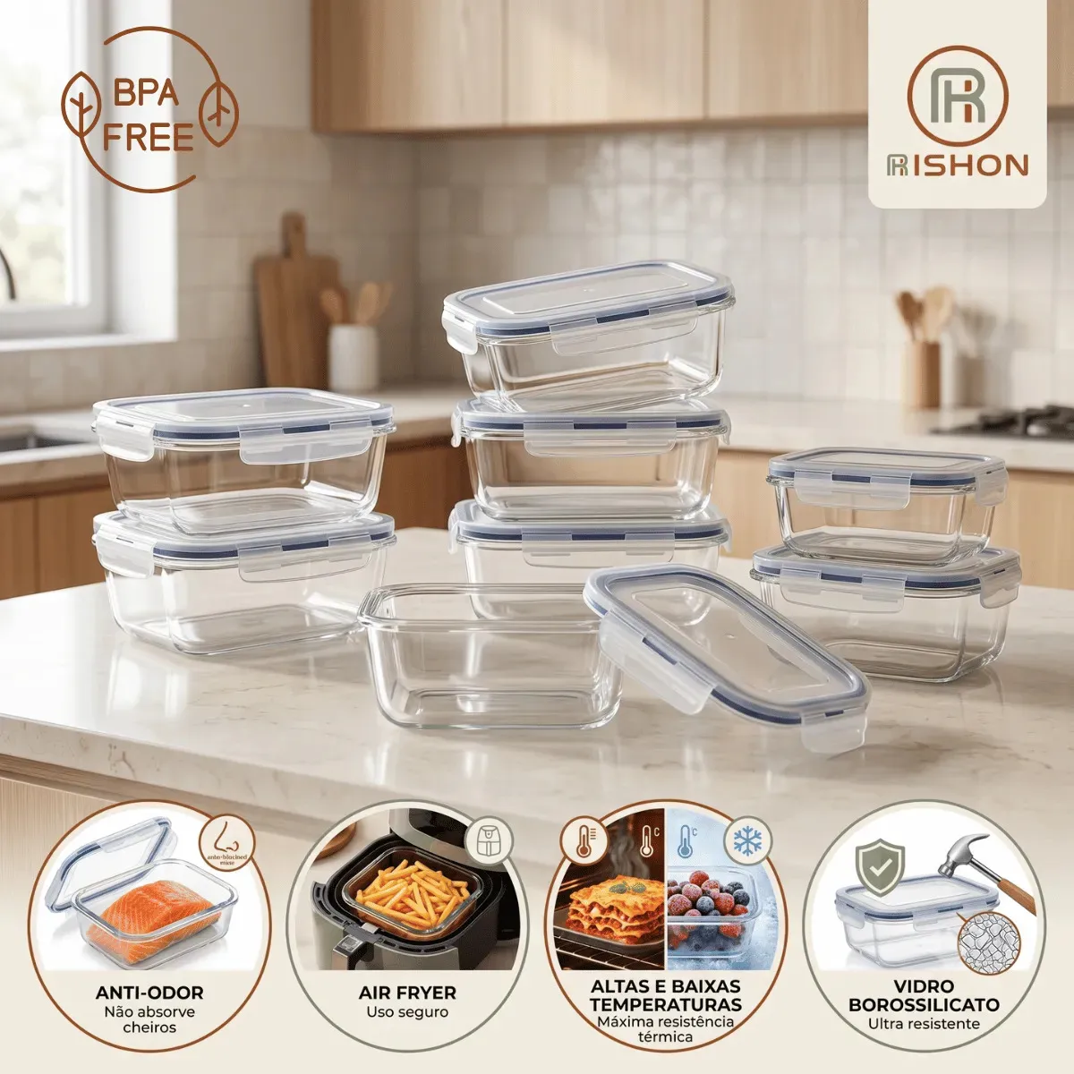 Kit 10 Pote De Vidro Marmita Hermético 640ml Freezer Fitness Rishon