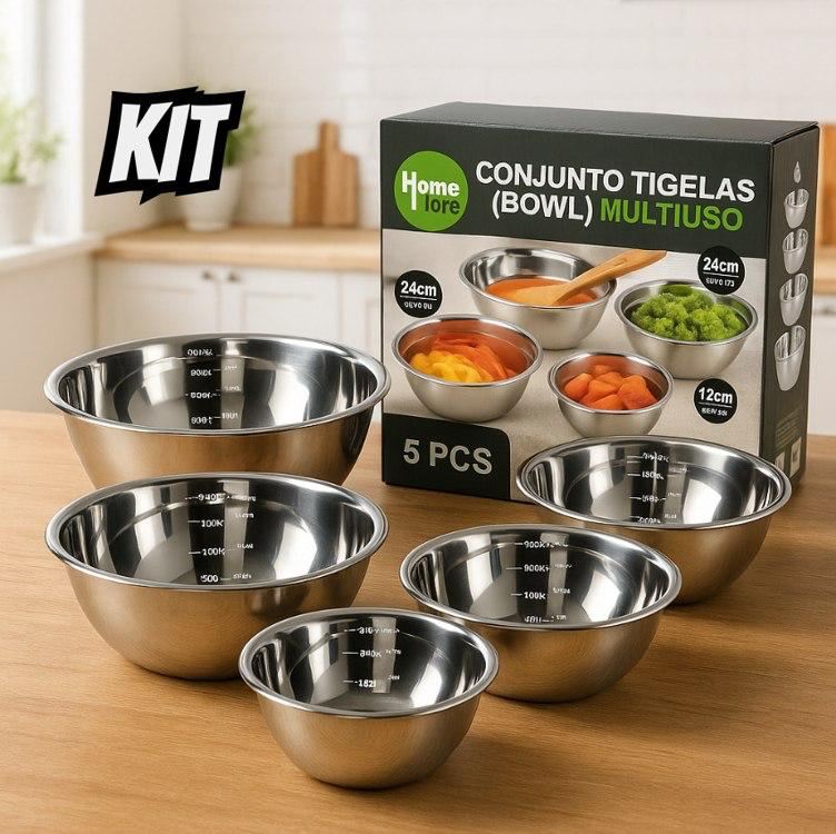 Kit 5 Tigelas Bowls Em Aço Inox Saladeira Alta Qualidade