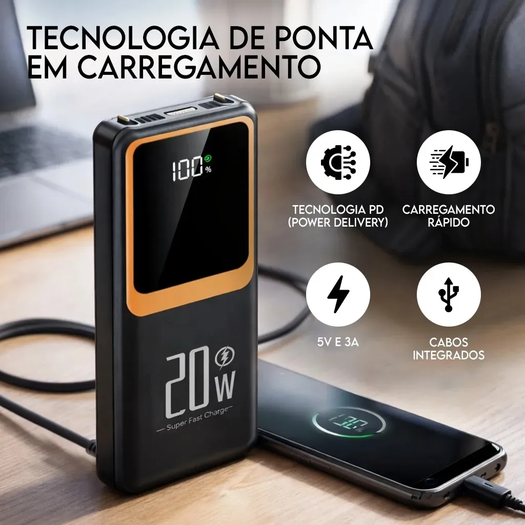 Carregador Portátil Power Bank Turbo 20000mah 22.5w Universal Para iPhone Samsung Motorola Xiaomi Com Display Digital Preto ou Branco- Hardline