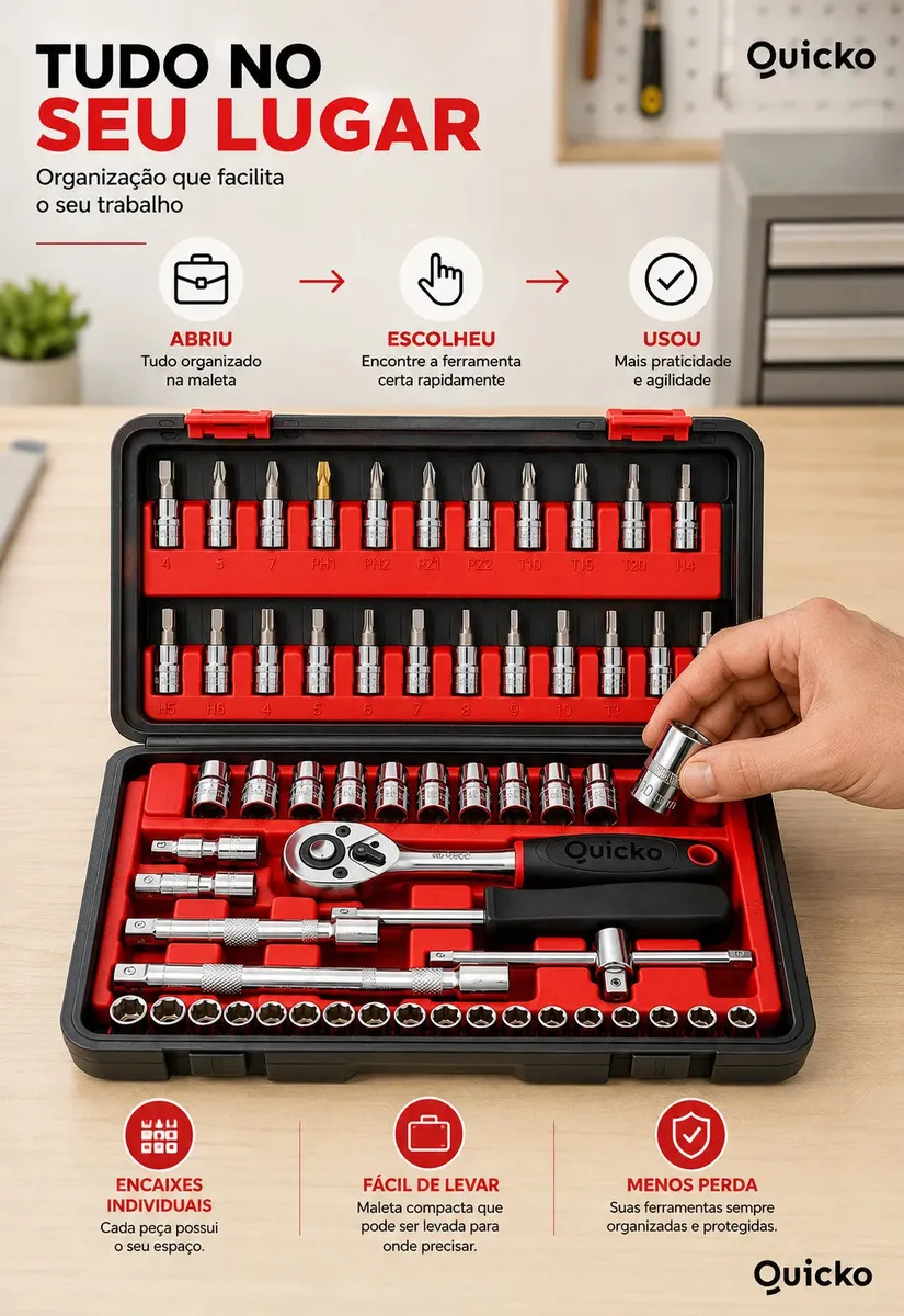Kit Chaves Ferramentas Jogo Fenda Philips Catraca Soquete Allen 46 Peças Com Maleta Completa Manual Ideal Mecânico Manutenção Casa Carro Profissional Resistente Portátil Compacto Quicko Vermelho