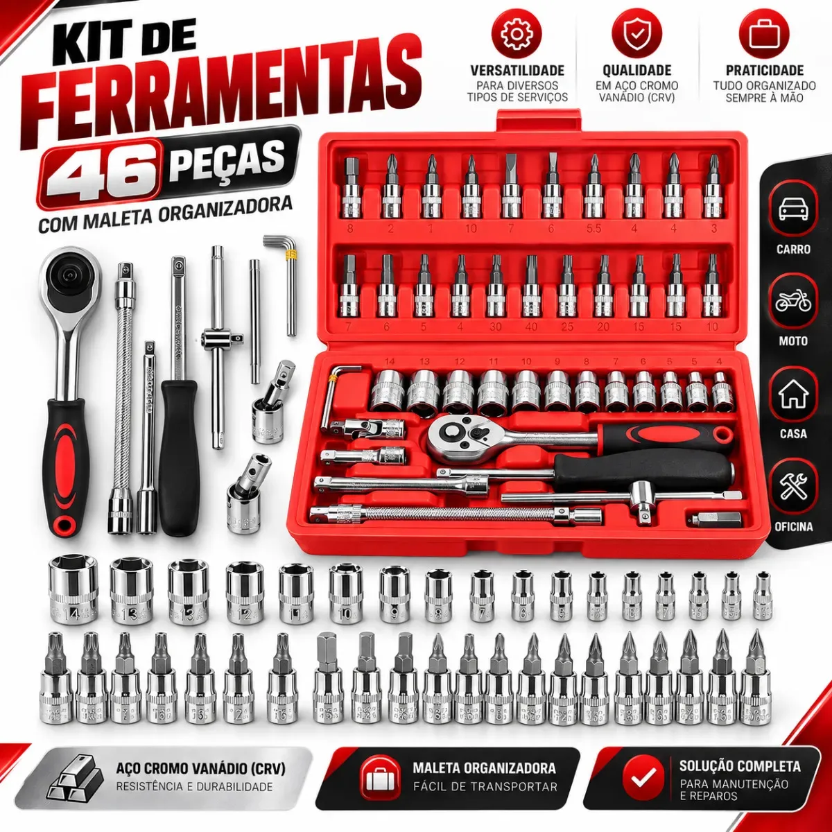 Kit Jogo de Ferramentas Profissional 46 Peças Maleta Catraca Reversível 1/4 Soquetes Bits Chaves Allen Fenda Philips Torx CRV Completo para Carro Moto Casa Oficina Manutenção e Reparos para Uso Geral