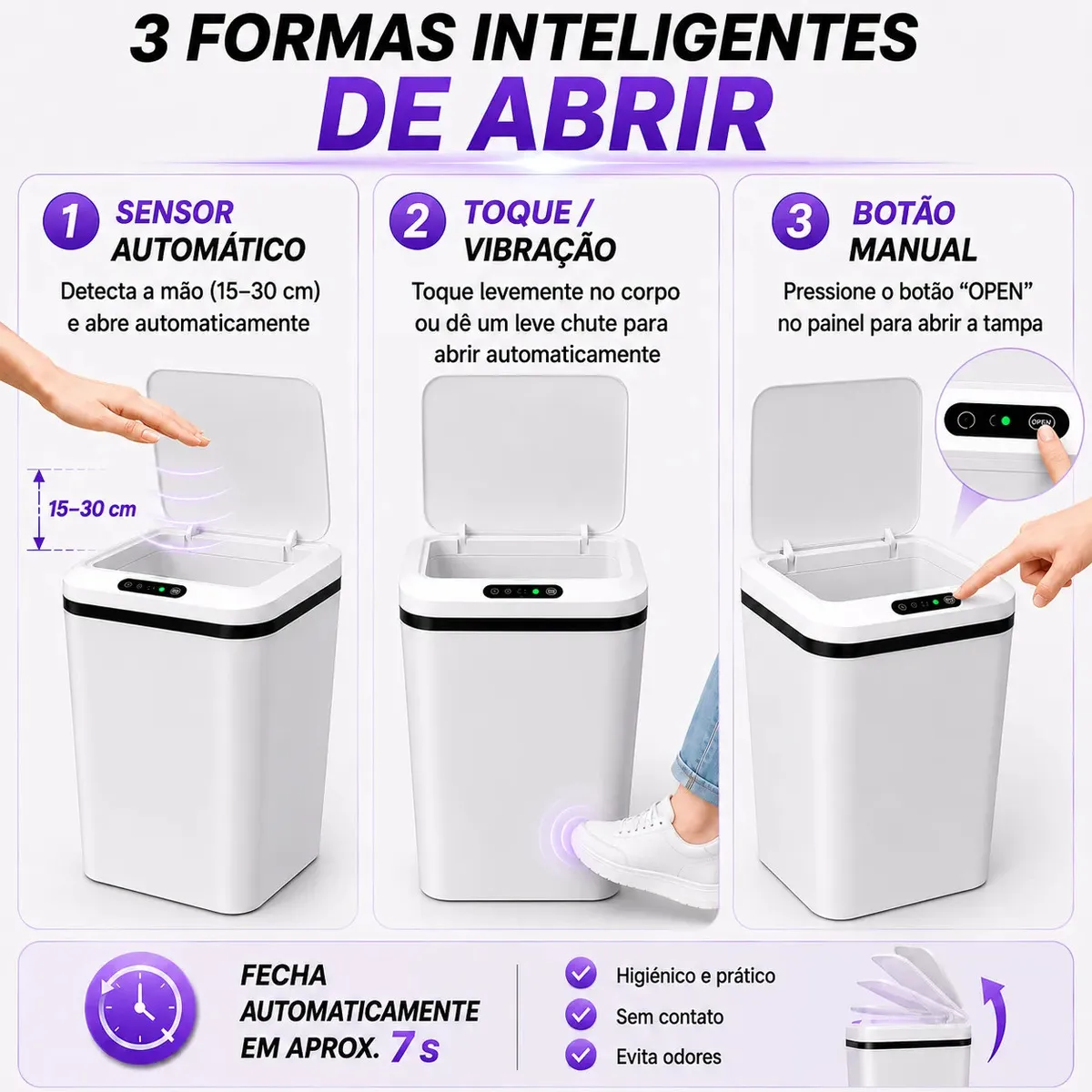 Lixeira Inteligente Automática 16L Sensor Infravermelho Recarregável USB-C 3 Modos Tampa Touch Banheiro Cozinha