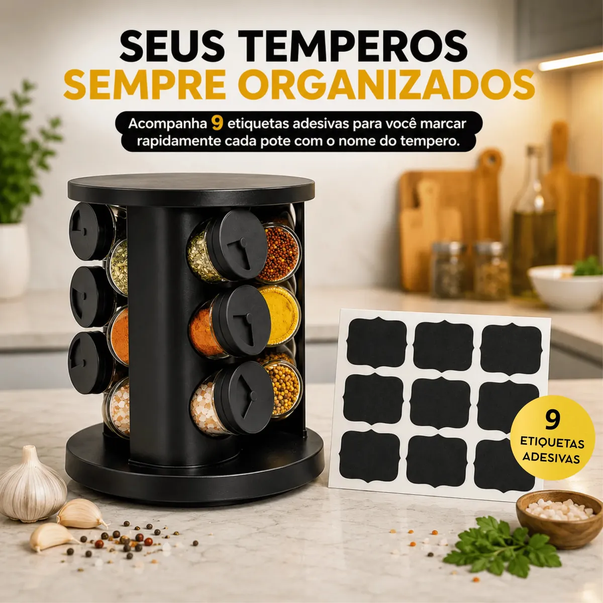 Porta Temperos Condimentos 9 Potes De Vidro Base Giratória 360° 9 Etiquetas Adesiva Organizador Cozinha Dosador Suporte Bancada Mesa Orégano Sal Páprica Pimenta Indue Variedades