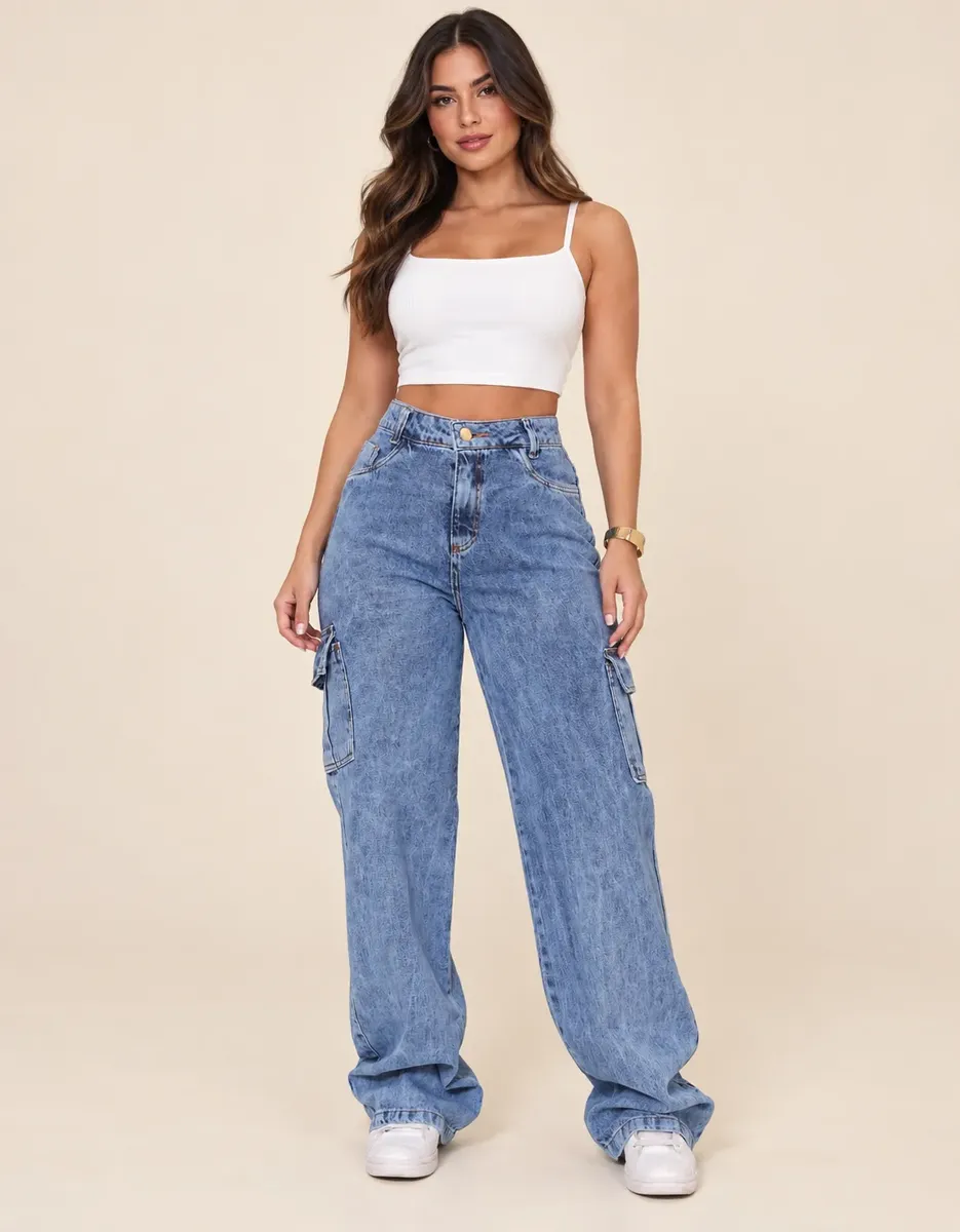 Calça Jeans Feminina Wide Leg Cintura Alta Cargo Pantalona